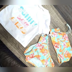 Cat & Jack 3 Piece Swimwear Set - Girls Size 7/8 - Blue/Orange Floral & White